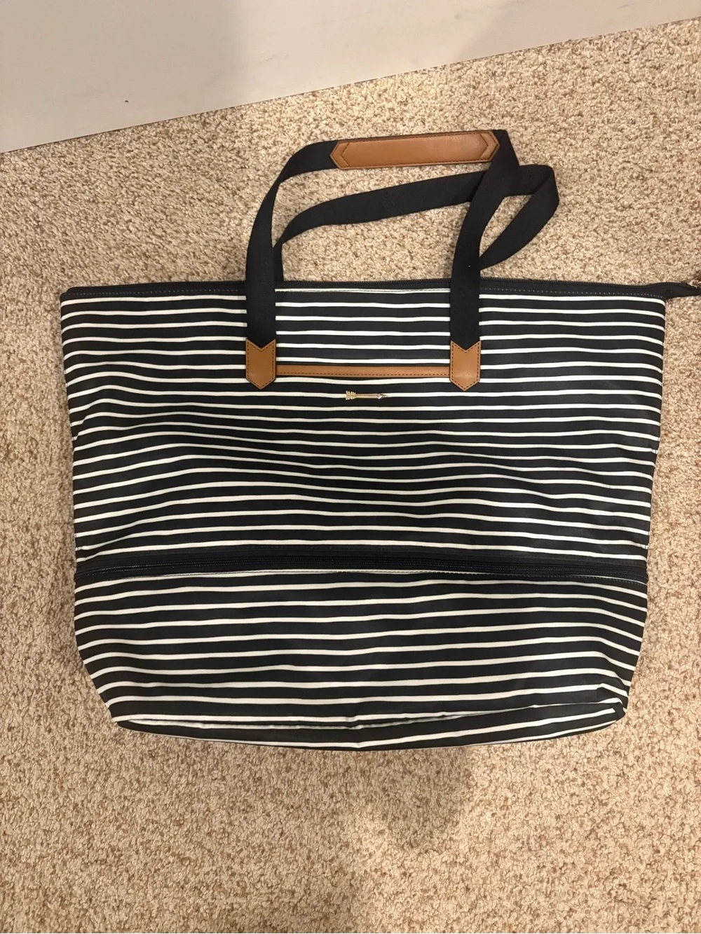 Stella & Dot Black and White Striped Tote with Tan Accents